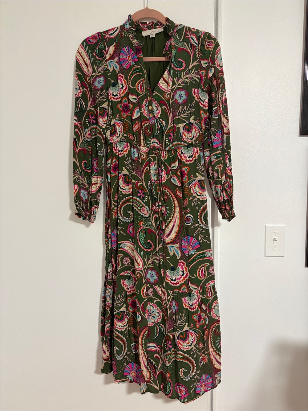 EUC LOFT Olive Green Paisley & Floral Long-Sleeve Midi Dress